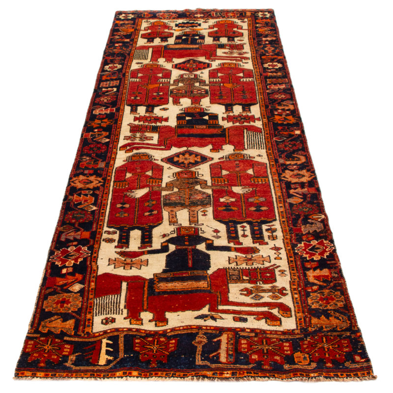 Tapis rouge crème noué à la main unique en son genre 4 pi 2 po x 12 pi 6 po Melis