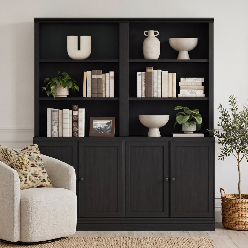 Bookcase with Adjustable Shelves, 5-Tier Multi-Depth Bookshelf with Door, Open Shelf Organizer with Adjustable Open Shelves and Storage Cabinets, Black, 72.5 Inch