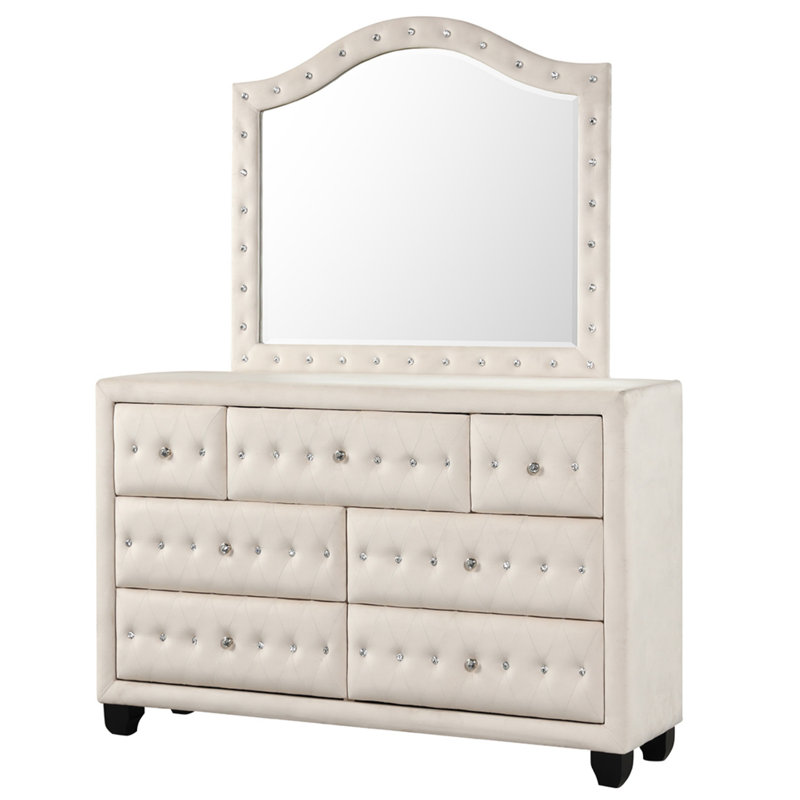 Commode capitonnée en cristal de style moderne avec 5 tiroirs et tissu en velours de couleur crème
