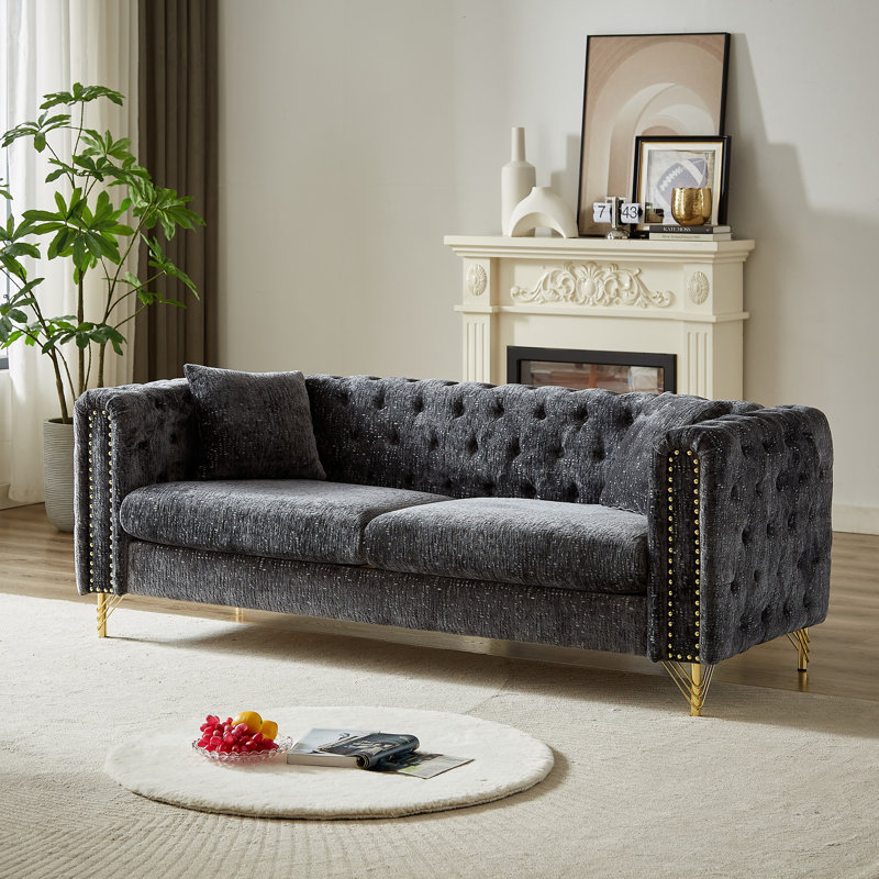Canapé Chesterfield LUSPAZ, capitonné avec garniture cloutée en cuivre, pieds en métal, design moderne, Chenille beige