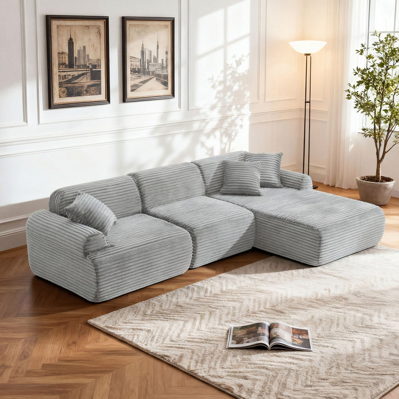 Canapé modulaire à compression de 105 po avec revêtement en velours côtelé Revine, Velours côtelé gris pâle