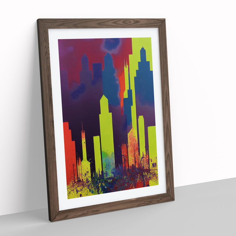 Splashed City Skyline No.5 Abstract - Wall Art, 48cm H x 36cm W, Walnut Framed, White