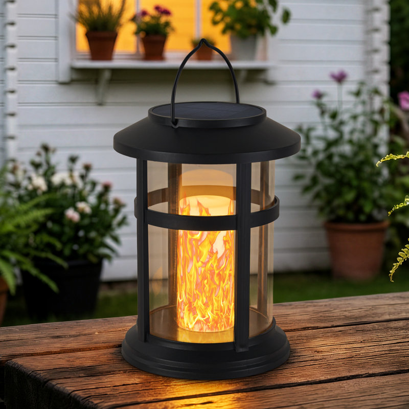 Black Outdoor Hanging Solar Lantern With Flame-style Light Bulb And Clip