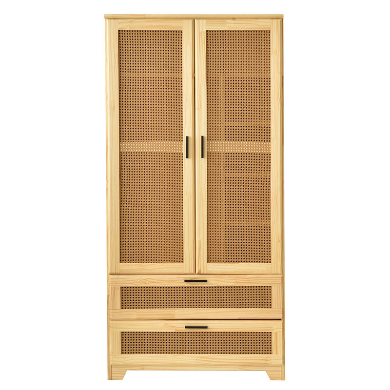 Armoire en rotin massif avec 2 tiroirs, Naturel