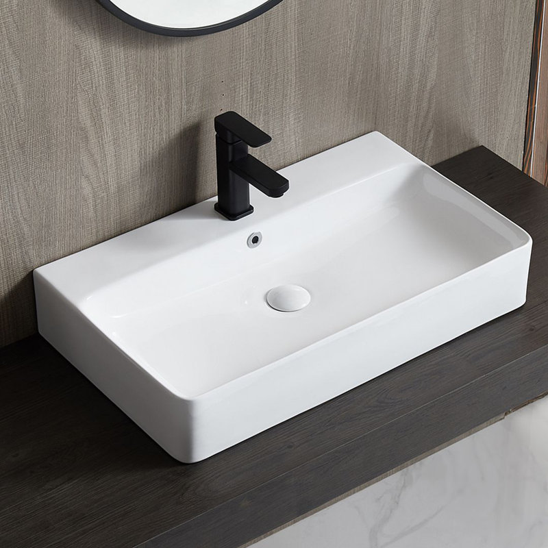 Turner 710mm x 420mm Trough White Rectangular Wall Hung Bathroom Sink Basin with Overflow