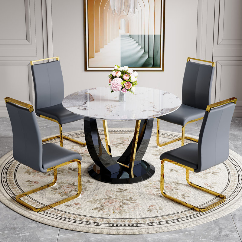 Ensemble de table ronde, 5 pièces: table, 4 chaises, Gris