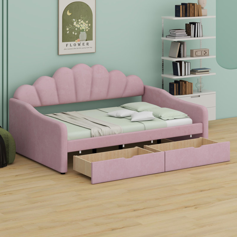 Stylish Daybed Featuring Curved Shell Backrest And Integrated Storage Drawers, Pink