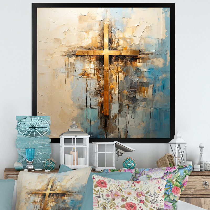 Reproduction d'art mural doré, croix de minimalisme religieuse II, H 16 po x l 16 po x P 1 po, Cadre simple noir