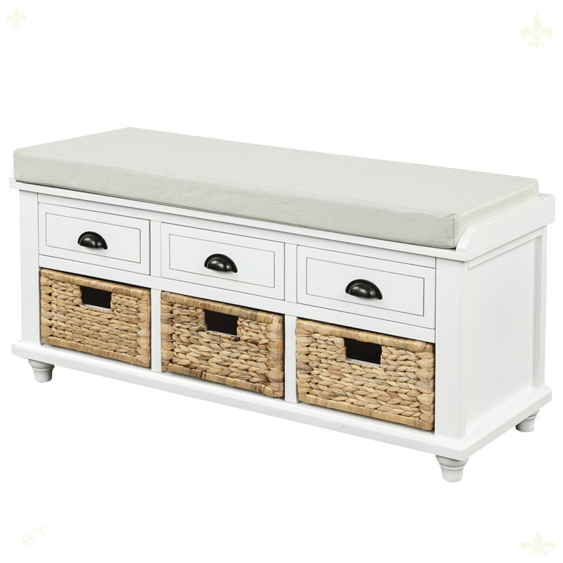 Banc de rangement rustique avec 3 tiroirs et 3 paniers en rotin, Blanc