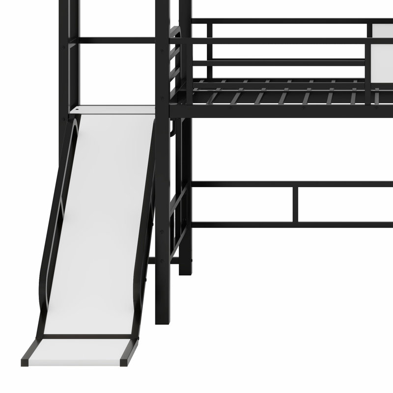 Lit mezzanine House avec glissade et escalier, lit de jeu en métal avec tablettes de rangement, Lit simple, Noir
