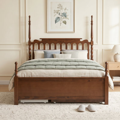 Grand lit plateforme avec lit gigogne simple TG et 2 tiroirs de rangement, tête de lit à broche classique et poteaux de lit tournés, aucun sommier requis, noyer