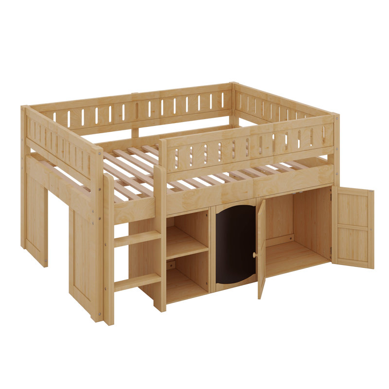 Lit mezzanine bas avec armoire de rangement, tablettes et tableau noir, lit mezzanine bas en bois, Naturel