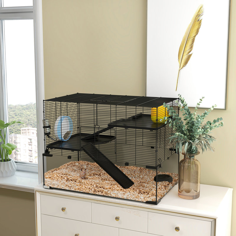 Hamster Home, cage noire de 31 po au design attrayant, vasque en verre, rampes, plateformes, cabane, roue d'exercice pour hamster, construction réfléchie, nain
