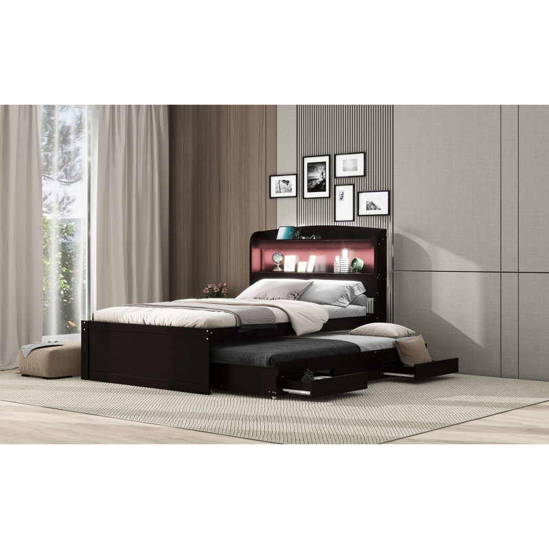 Lit plateforme simple brun foncé avec rangement, tête de lit à DEL, charge, 2 tiroirs, tête de lit fonctionnelle avec rangement gigogne et station de charge,