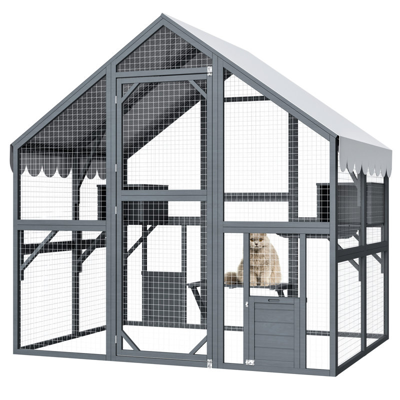 Enclos d'extérieur de luxe pour chat - 28 pieds en bois avec portes, 2 parcs, cachettes. Bridges Run