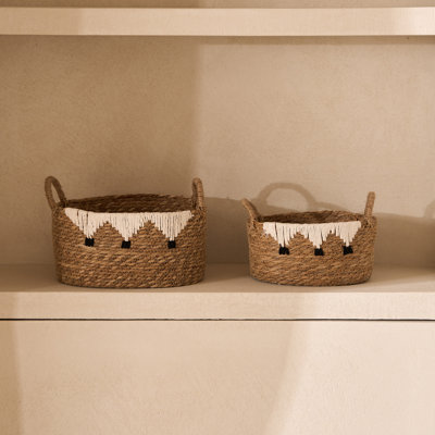 Seagrass Storage Baskets Set of 2 Macrame Fringe Tassels Rope Handles Boho Home Organizer