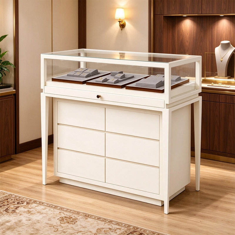 Armoire de rangement pour bijoux en bois manufacturé noir avec compartiments de rangement de style tiroir, Crème