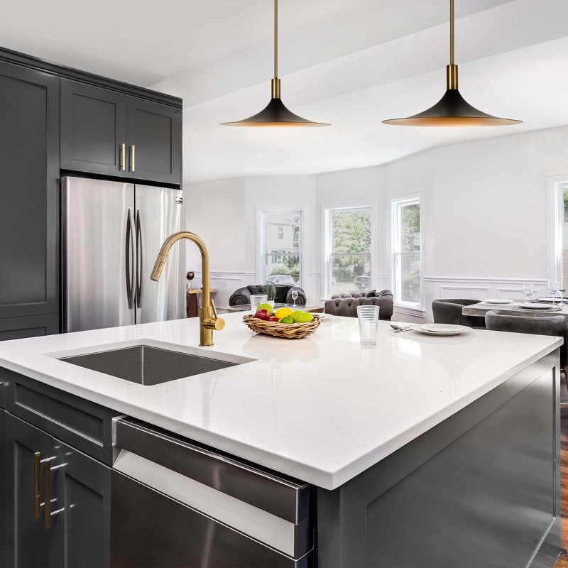 Transitional 18" LED Pendant in Black, Gold, and Aged Brass with Etched Acrylic Shade