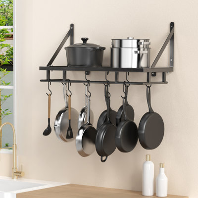 Wall Mounted Pot Rack Kitchen 24 Inch Hanging Storage Organizer Wall Shelf with Hooks Matte Black