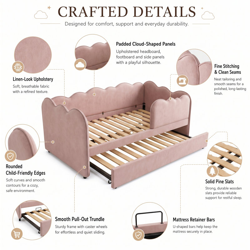 Upholstered Daybed with Trundle, Pink
