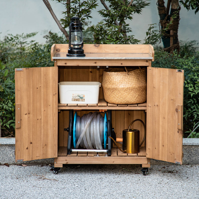 Banc de rempotage extérieur en bois avec roulette, armoire de rangement extérieure et table de travail de plantation horticole