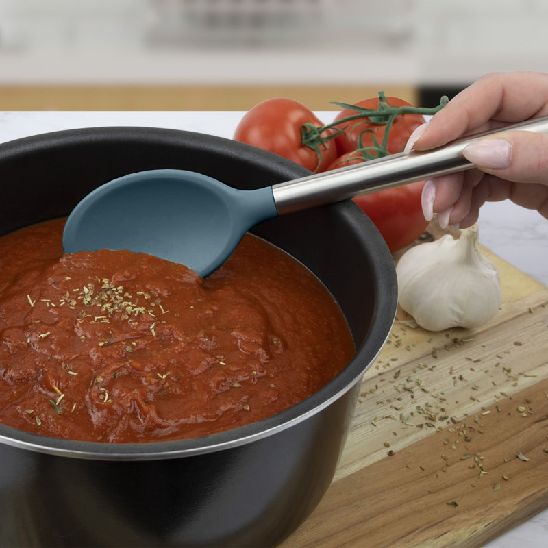 Tovolo Silicone Mixing Spoon with Stainless Steel Handle for Stirring and Serving, Blue Slate