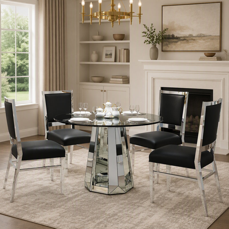 Table de salle à manger moderne en verre trempé minimaliste avec base ronde et miroir