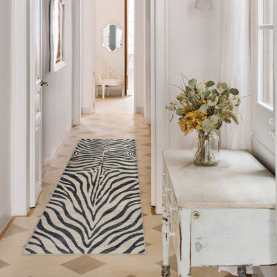 Samira Zebra Black Ivory Cream Machine Washable Modern Animal Print Indoor Area Rug, Flat Pile for Living Room & Bedroom - Zebra, 2x6 Runner
