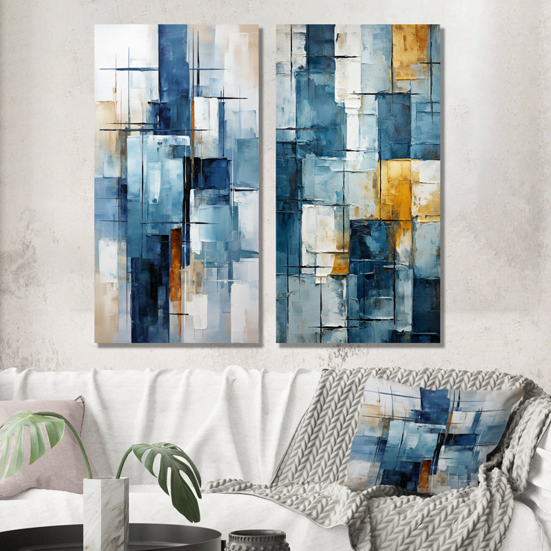 Cerulean Cubism Shapes - Abstract Shapes, ensemble de 2 reproductions d'art sur toile, Toile tendue, H 40 po x l 41 po
