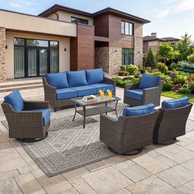 Luxury 6-Piece Outdoor Wicker Patio Furniture Set with 6-inch Thick Blue Cushions, 4 Swivel Rocker Chairs, and Glass Coffee Table for Backyard & Lawn