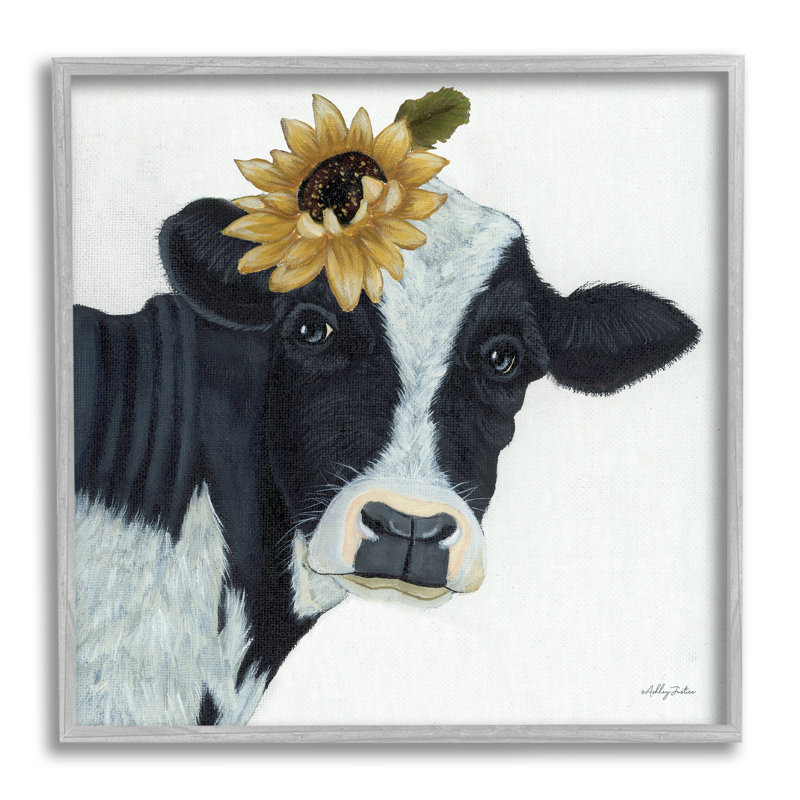 Portrait de vache, tournesol, ferme, encadré noir, estampe numérique par Ashley Justice, H 17 po x l 17 po x P 1,5 po