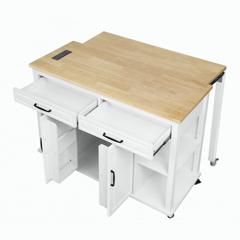 Îlot de cuisine de 47 po avec table de salle à manger extensible, table de cuisine en placage de bois d'hévéa avec support de rangement interne, prise de courant, îlot de cuisine avec rangement 2 tiroirs et 2 armoires