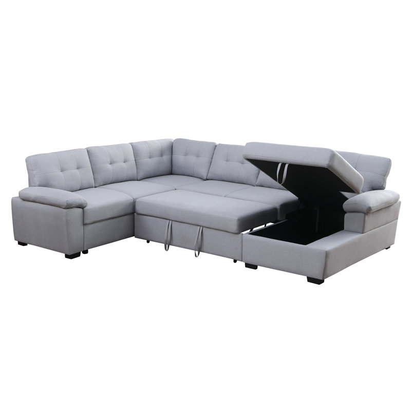 Upholstered Sectional Sleeper Sofa & Chaise, Light Gray Polyester