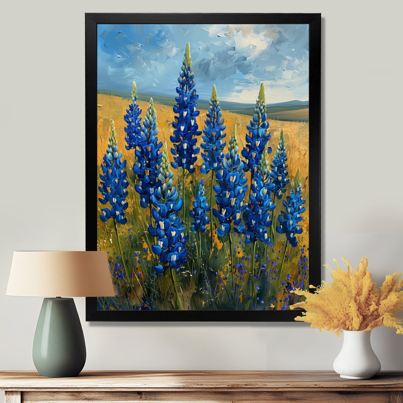 Bleu vert Rolling Meadows Blue Bonnets - Blue Bonnets Wall Art Living Room, Cadre simple noir, H 34 po x l 44 po