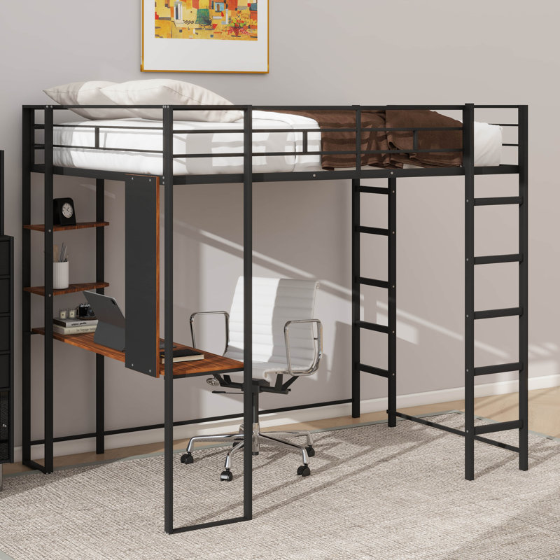 Lit mezzanine pour enfants avec 2 tablettes et 1 bureau Gatland, Double, Noir / brun