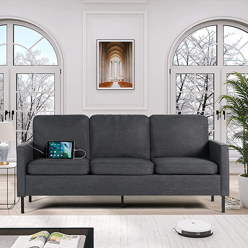 Redi 77" Upholstered Square Arm Sofa with Charging Ports, Dark Gray Linen