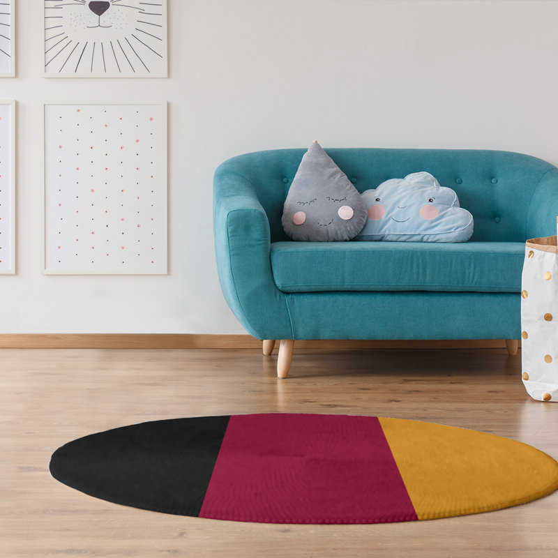 Tapis noir rayé/rouge/jaune, Rond 5 pi