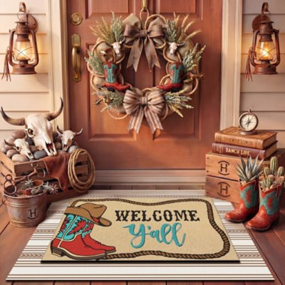 2 Pcs Western Welcome Y'all Layered Doormat Set, Cowboy Boots Hat Coir Mat With Brown Striped Rug, Non Slip Front Porch Mats For Farmhouse Entryway Indoor Outdoor Décor