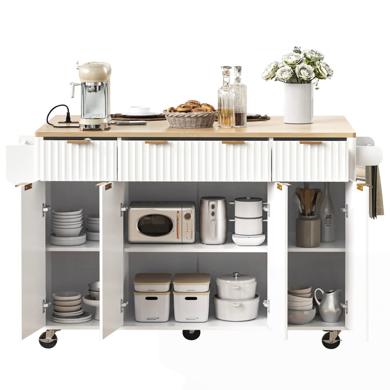 Îlot de cuisine cannelé 55,5 po avec rangement, Blanc