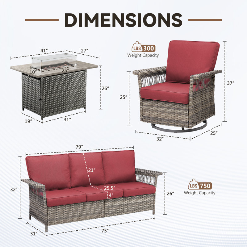 Ensemble de conversation pour patio en osier 4 pièces avec foyer extérieur Deb, Coussin rouge / cadre gris