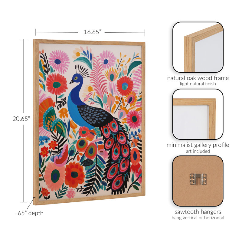 Art moderne paon vibrant moderne, Encadrement brun clair, H 16,65 po x l 20,65 po