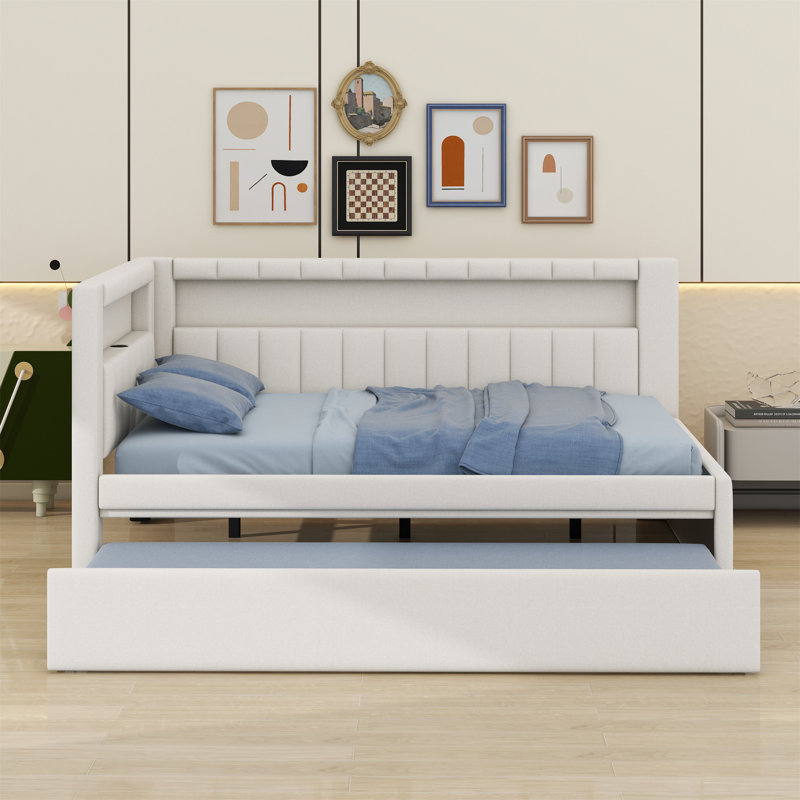 Lit plateforme tapissier avec ports USB et ceinture à DEL, avec lit gigogne
