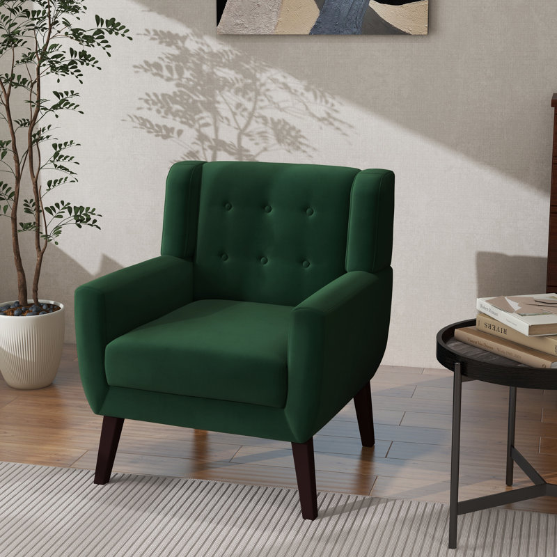 Jaqueze Upholstered Retro Green Velvet Tufted Wide Back Armchair with Solid Wood Leg, Retro Green Performance Velvet