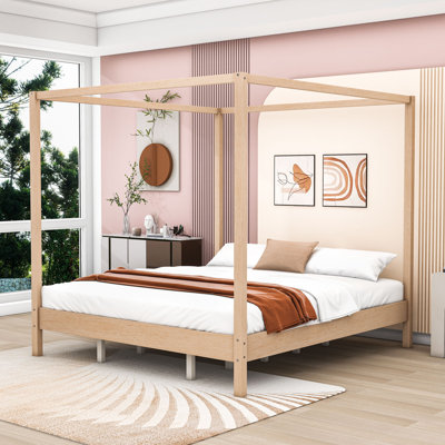 Lit plateforme à baldaquin en bois avec support à lattes et pieds centraux