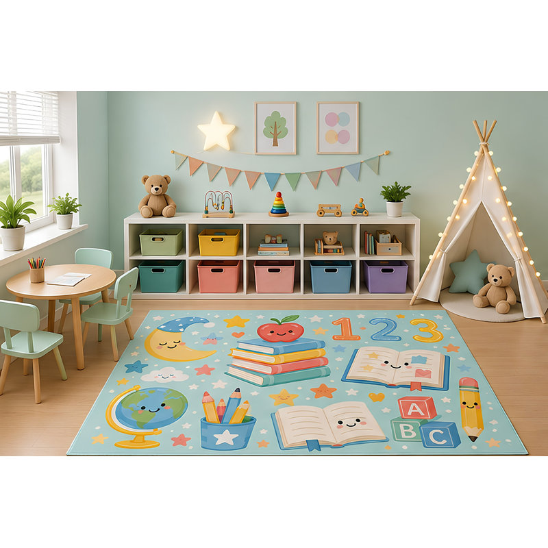 Tapis d'éveil ultra-léger 152 x 213 cm pour chambre d'enfant, idéal pour la salle de jeux, la crèche ou la chambre. Motifs éducatifs : livres, globe terrestre, cubes ABC, chiffres, crayon. Dos antidérapant en silicone.