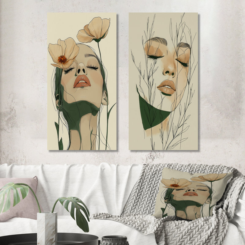 «Woman Line Art Flower Boho II - Pink Glam», ensemble de 2 impressions murales en métal, 32" H x 32" W