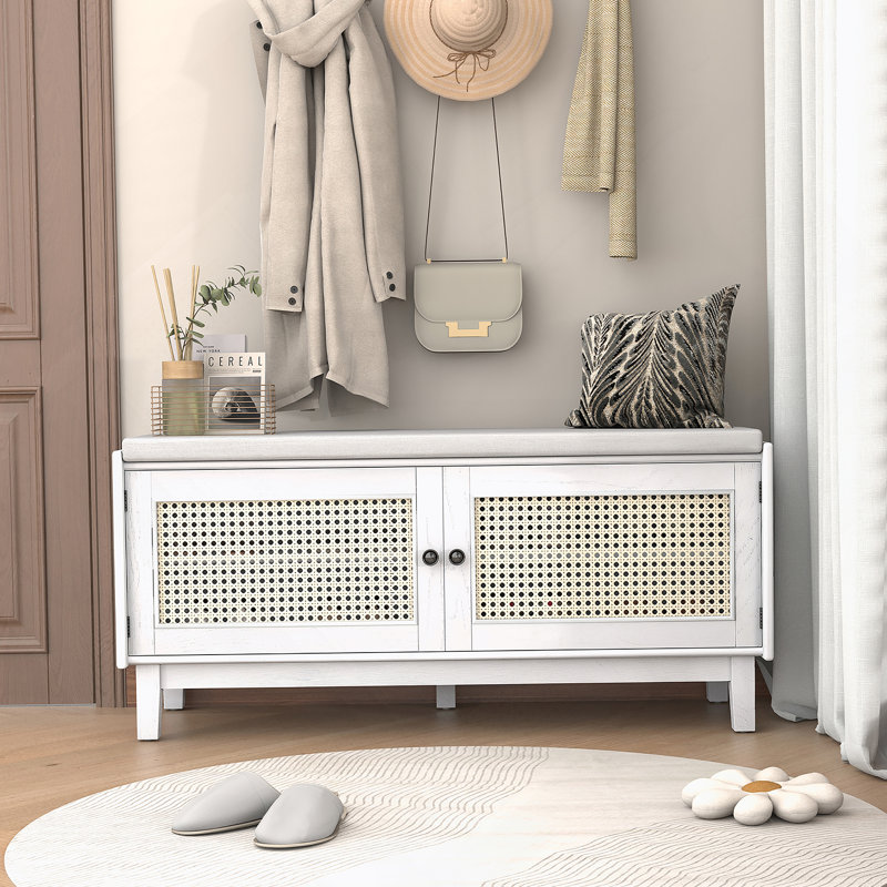 Banc de rangement en rotin avec rangement Boho, Beige / Blanc