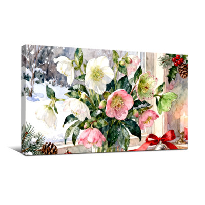 Scène de fenêtre de Noël fleurs d'hiver