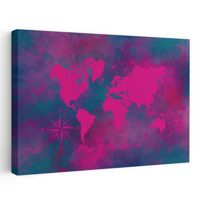 Vibrant World Map Compass Abstract Contemporary Lilac Violet Wall Art