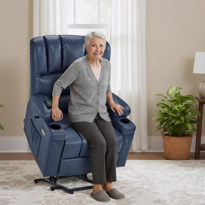 Fauteuil inclinable électrique Aneria avec massage et chaleur, repose-pieds allongé, similicuir, Bleu